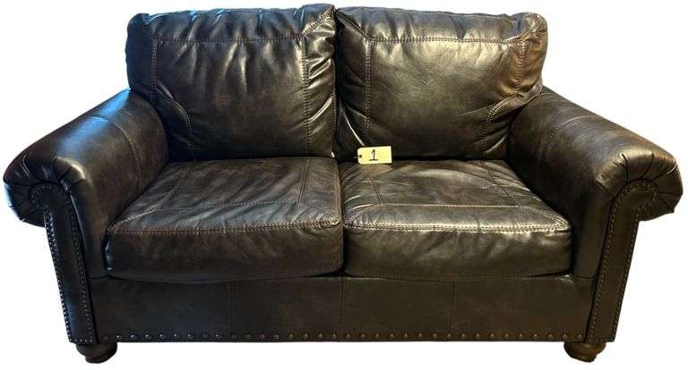 DARK BROWN FAUX LEATHER LOVE SEAT - APPEARS TO BE IN GREAT CONDITION image