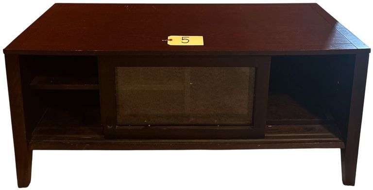 BROWN WOODEN TV STAND WITH SLIDING DOORS AS-FOUND - APPROX. 46" WIDE X 21" HEIGHT X 20" DEPTH image