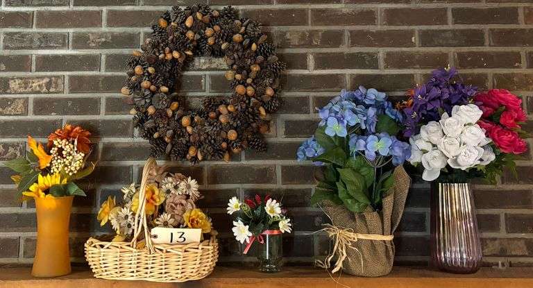 FIVE ARTIFICIAL FLORAL ARRANGEMENTS AND PINE CONE WREATH image