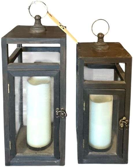 TWO WOODEN DECORATOR LANTERN CANDLEHOLDERS image