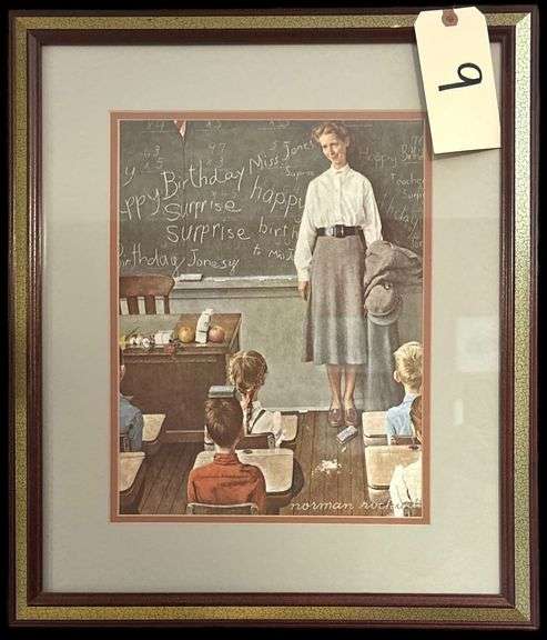 NORMAN ROCKWELL VINTAGE "HAPPY BIRTHDAY MS. JONES" FRAMED AND MATTED PRINT, VINTAGE NORMAN ROCKWELL "THE RUNAWAY" FRAMED AND MATTED PRINT - BOTH APPROX. 13.75" X 10.25" VIEWING AREA image