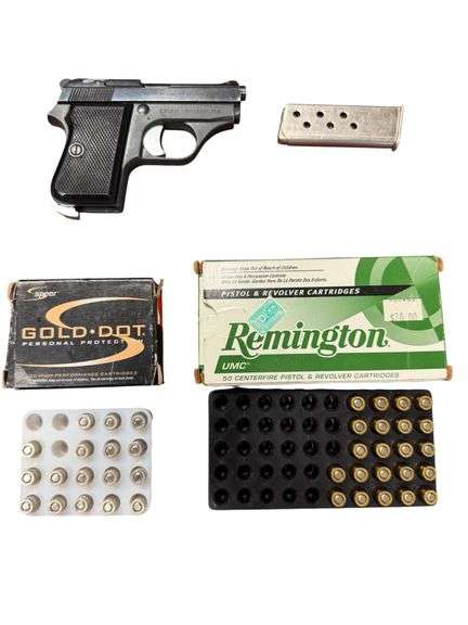 ARMI TANFOGLIO GIUSEPPE 25 CALIBER AUTOMATIC PISTOL MADE IN ITALY W/ APPROX. 39 ROUNDS OF AMMO (17 HOLLOW POINT)