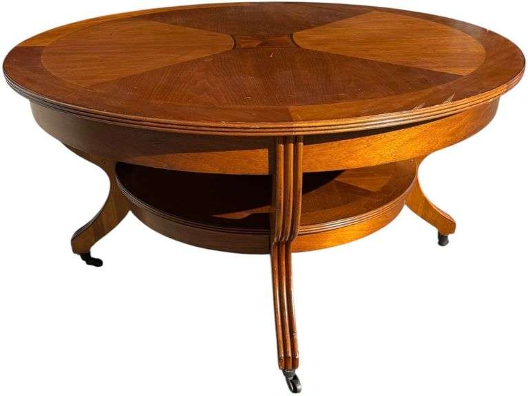 2-TIER WOODEN COFFEE TABLE W/ INLAY IN CENTER - APPROX. 40" DIAMETER - SMALL SCRATCHES ON TOP
