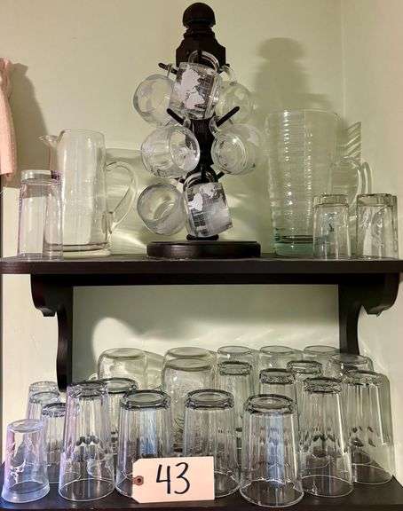 8 NESTLE GLOBE GLASSES W/ WOODEN STAND, 2 GLASS PITCHERS, AND APPROXIMATELY 20 ASSORTED DRINKING GLASSES image