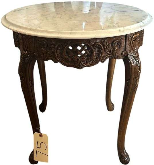 MARBLE TOP SIDE TABLE W/ ORNATELY CARVED WOODEN BASE - MATCHES LOTS #73, #74, #76 image