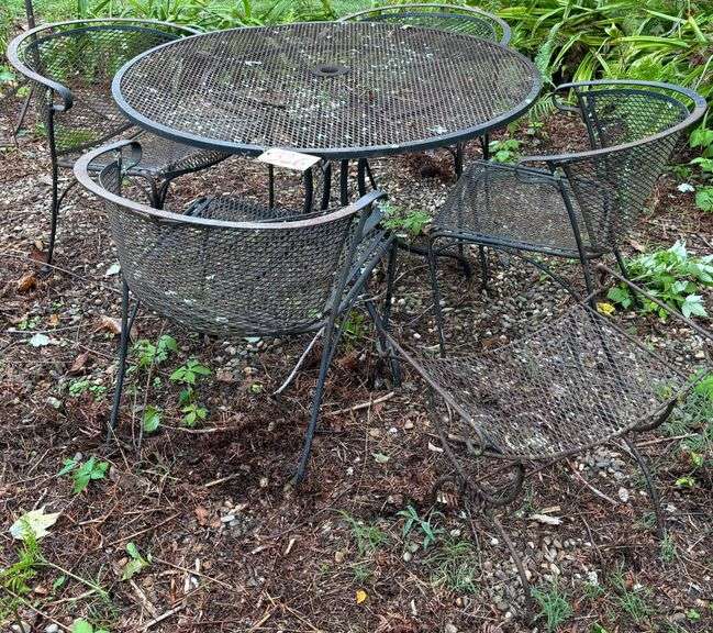 WROUGHT IRON PATIO TABLE W/ 4 CHAINS AND STOOL image