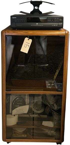 WOODEN STORAGE CABINET W/ 4 GLASS DRAWERS W/ CONTENTS TO INCLUDE RECORD PLAYER W/ 3 JBL SPEAKERS, TOSHIBA DVD PLAYER, ETC. image