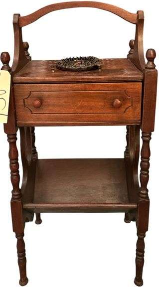 VINTAGE WOODEN SMOKE STAND W/ ASH TRAY ON TOP AND MAGAZINE RACK ON BOTTOM image