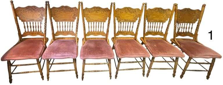 SET OF 6 VINTAGE OAK PRESSED BACK CHAIRS - AS-FOUND/READY TO BE RESTORED image