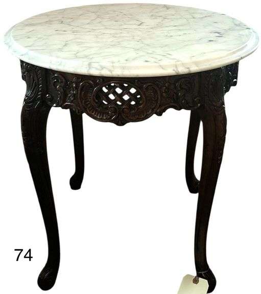 MARBLE TOP SIDE TABLE W/ ORNATELY CARVED WOODEN BASE - MATCHES LOTS #73, #75, #76 image