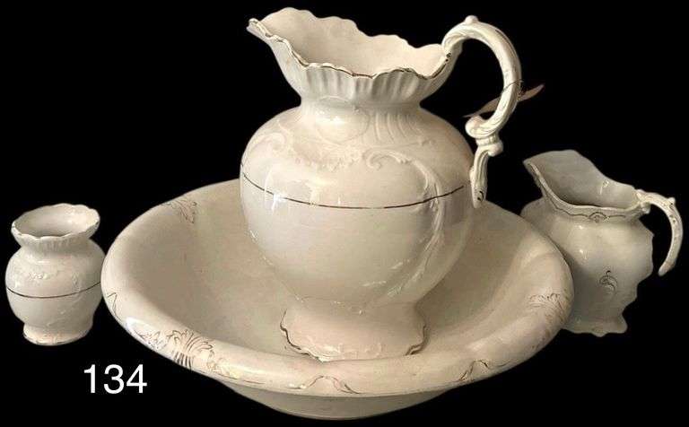 ANTIQUE BOWL AND PITCHER SET, TOILETRIES HOLDER, AND SMALLER PITCHER AS-IS (CRACKED) W/ 2 VINTAGE COLGATE’S OCTAGON BARS OF SOAP image