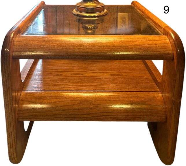 PAIR OF MATCHING WOODEN SIDE TABLES W/ GLASS TOPS image