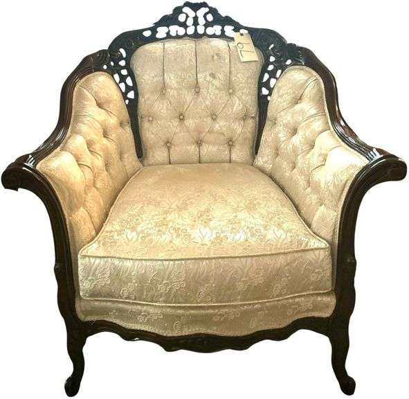 KIMBALL VICTORIAN STYLE HEAVILY CARVED WOODEN BASE AND UPHOLSTERY CHAIR (SOME STAINING) - MATCHES LOT #77 image