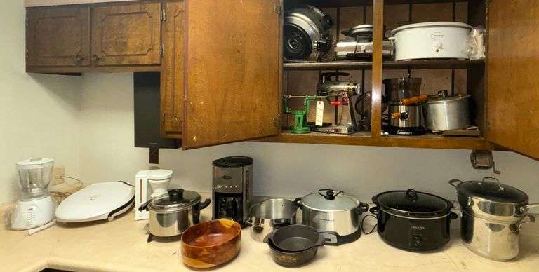 WEST BEND SLOW COOKER, CROCK-POT SLOW COOKER, HAMILTON BEACH SLOW COOKER, GEVALIA COFFEE MAKER, GEORGE FORMAN GRILL, SUNBEAM MIXMASTER MIXER, CUISINART APPLIANCE, ELECTRIC SKILLETS, POTS, PANS, WOODEN BOWL, APPLE PEELER, ETC. image