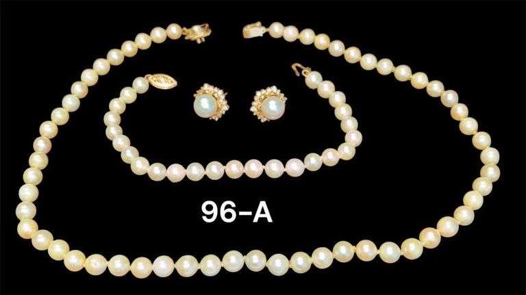 PEARL STYLE NECKLACE, BRACELET, & EARRINGS W/ 14K GOLD CLASPS; PEARL TYPE STUDDED EARRINGS image