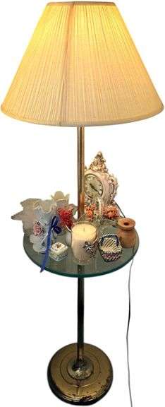 3 ELECTRIC BRASS BASE FLOOR LAMPS - 2 MATCHING W/ GLASS TABLES; SMALL ASSORTMENT OF SUNDRIES AS-PICTURED image
