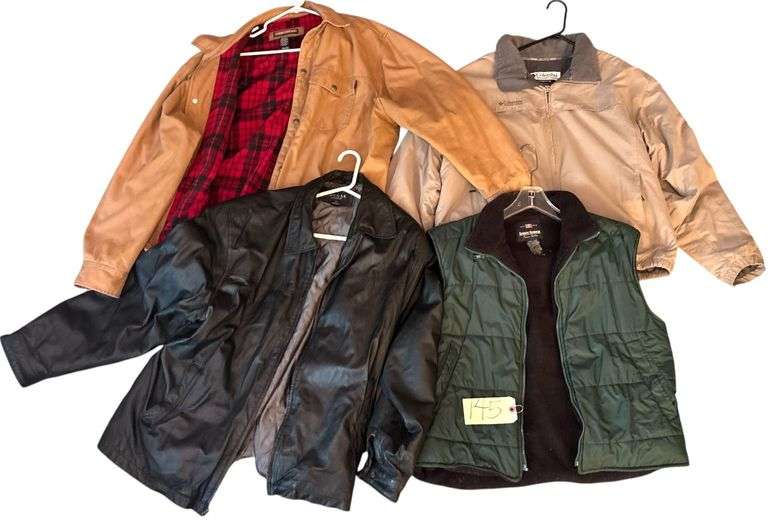MEN’S CLOTHING: FADED GLORY SIZE L VEST, COLUMBIA SIZE XL HEAVY JACKET, CRAFTSMAN XXL HEAVY JACKET, COUGAR LEATHER XXL JACKET image