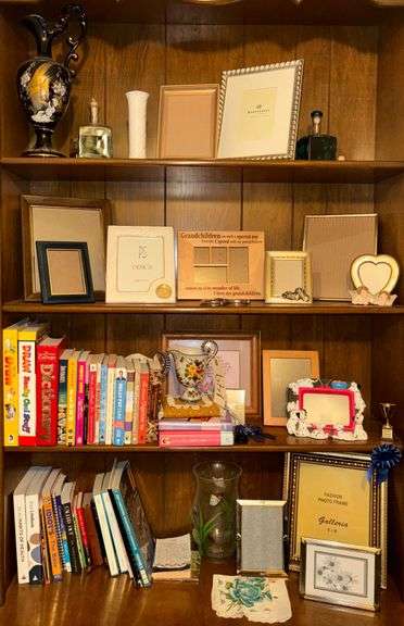 KERAMOS MADE IN ITALY HANDLED VASE, ASSORTED PICTURE FRAMES, ASSORTED BOOKS, CLEAR GLASS BUTTERFLY VASE, 2 DECORATIVE FLORAL PITCHERS (LARGER ONE HAS BEEN REPAIRED), ETC. image