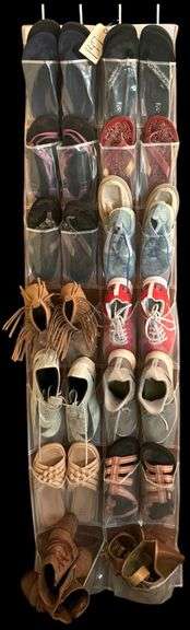 DOOR HANGING SHOE ORGANIZER W/ NICE ASSORTMENT OF LADIES’ FLIP FLOPS, TENNIS SHOES, AND 2 PAIRS OF HEELS image