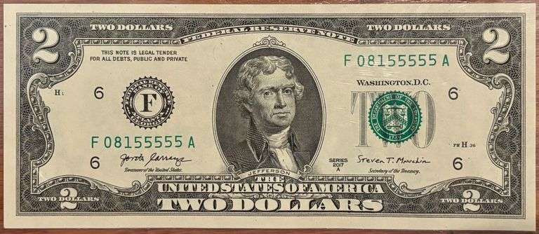 2017A $2 BILL - APPEARS TO BE UNCIRCULATED - SERIAL NO. F 08155555 A image