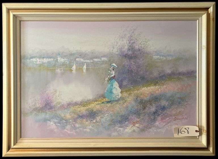 VINTAGE FRAMED OIL ON CANVAS SIGNED “SWAN” - LADY LOOKING INTO RIVER SCENE - APPROX. 23” X 34” CANVAS SIZE image