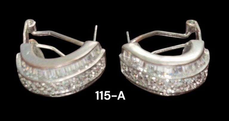 UNMARKED 14K WHITE GOLD EARRINGS, SMALL DIAMOND TYPE STONES, VERIFIED 14K BY REPUTABLE JEWELER, 8.75 GRAMS TOTAL WEIGHT INCLUDING STONES image