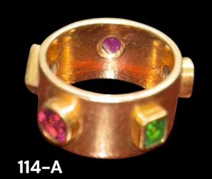 14K GOLD VINTAGE “SPUTNIK” RING, SIZE 6 1/2, 5 DIFFERENT COLOR STONES, 10.47 GRAMS TOTAL WEIGHT INCLUDING STONES - VERIFIED 14K BY REPUTABLE JEWELER image