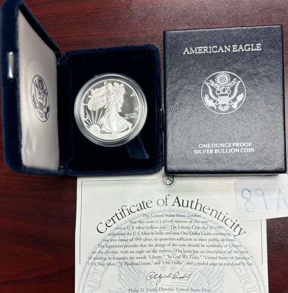 1 OZ. FINE SILVER AMERICAN EAGLE COIN, U.S. MINT PROOF, WITH VELVETY CONTAINER, BOX, & COA image