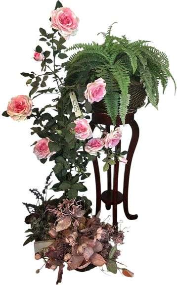WOODEN PLANT STAND W/ ARTIFICIAL FLORAL ARRANGEMENTS image