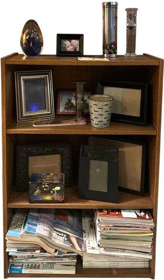 BOOKSHELF W/ CONTENTS: LARGE FISH-THEMED PAPERWEIGHT, GLASS SAND TIMER, ASSORTED FRAMES, ASSORTED MAGAZINES, ETC. image