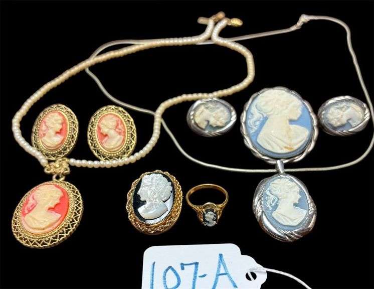 CAMEO JEWELRY LOT: NECKLACES W/ MATCHING EARRINGS, 2 PINS, RING image