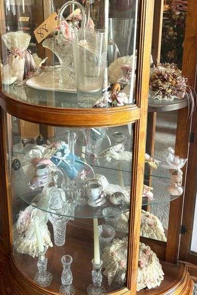 CLEAR GLASSWARE TO INCLUDE 3 BRIDE’S BASKETS, CANDLEHOLDERS, PINWHEEL DESIGN GLASSWARE, PRESSED GLASS, CUT GLASS, ETC. - SOME AS-IS/AS-FOUND; SMALL PORCELAIN ITEMS image