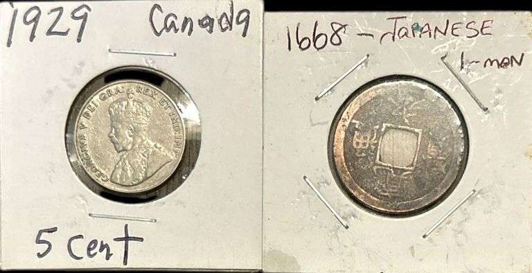 RARE 1668 JAPANESE 1-MON, 1929 CANADA 5-CENT PIECE image