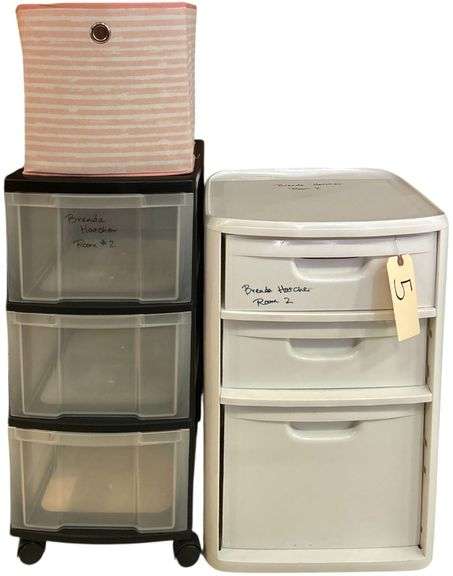 2 PLASTIC 3-DRAWER STORAGE CONTAINERS - 1 W/ ROLLERS; OTHER SMALL STORAGE BOX image
