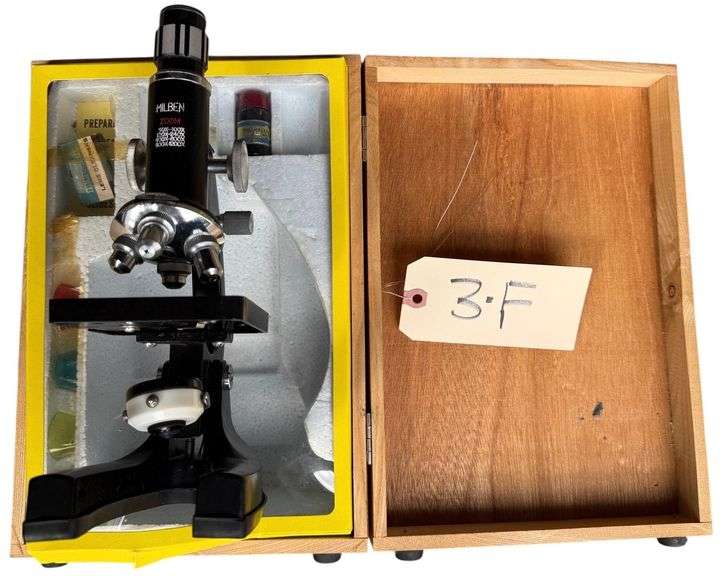 MILBEN FOUR STAGE POWERED MICROSCOPE IN NICE WOODEN BOX