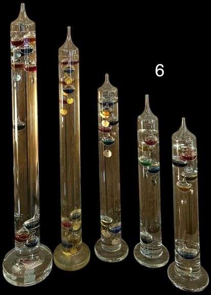 5 GLASS GALILEO THERMOMETERS OF ASSORTED SIZES image