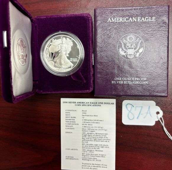 1 OZ FINE SILVER AMERICAN EAGLE COIN, 1990, IN ORIGINAL VELVETY CONTAINER, BOX, AND COA image