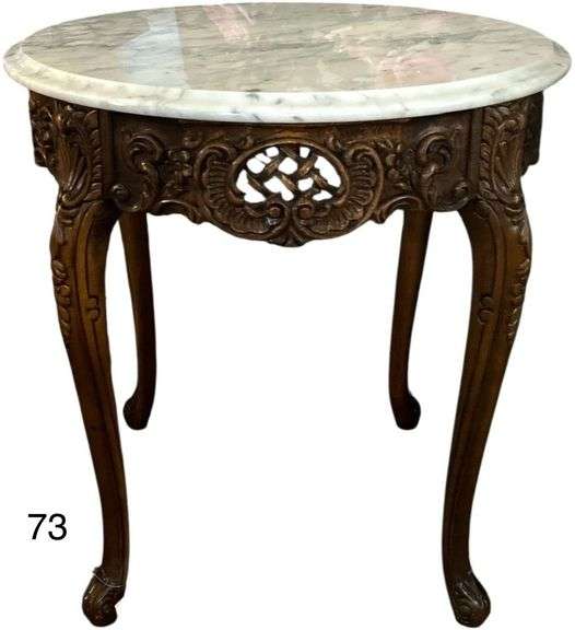 MARBLE TOP SIDE TABLE W/ ORNATELY CARVED WOODEN BASE - MATCHES LOTS #74, #75, #76 image