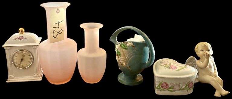 PIANO BABY (AS-IS), ROSEVILLE POTTERY VASE (AS-IS/BEEN REPAIRED), 2 FROSTED PINK GLASS VASES, PORCELAIN QUARTZ CLOCK, FTD CERAMIC HEART BOWL, SHADOW BOX image