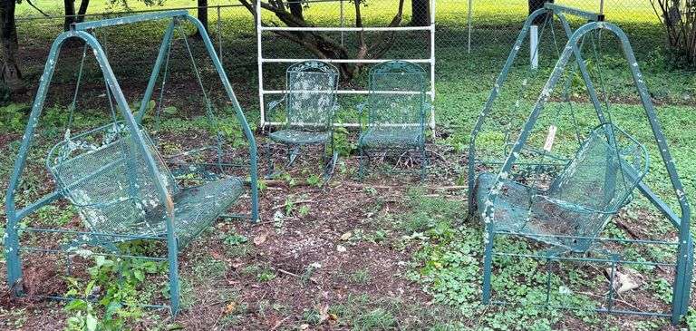 PAINTED GREEN WROUGHT IRON OUTDOOR FURNITURE SET: 2 SWINGS, ROCKER, AND CHAIR image