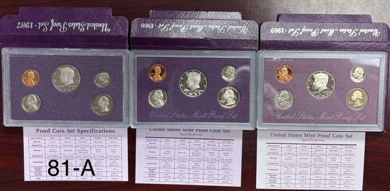 3 UNITED STATES MINT PROOF SETS: 1987, 1988, 1989, IN ORIGINAL BOXES image