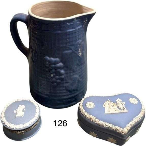 WEDGWOOD PIN/JEWELRY BOX, OTHER WEDGWOOD STYLE PIN/JEWELRY BOX (UNMARKED), UHL POTTERY CO. PITCHER image