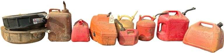 6 ASSORTED GAS CANS, STIHL CHAINSAW CASE, 2 BLITZ 15QT. OIL DRAIN PANS image