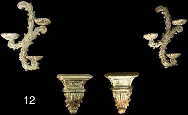2 DECORATIVE WALL SHELVES W/ 2 DECORATIVE WALL SCONCES image