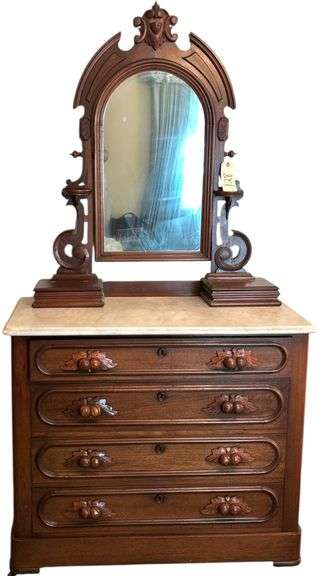 VICTORIAN DRESSER W/ BEAUTIFULLY CARVED PULLS, CARVED MIRROR, MARBLE TOP, AND GLOVE BOXES image