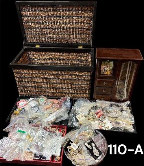 LARGE LOT OF COSTUME JEWELRY, 4 TRAYS FULL, WICKER TYPE CHEST, TABLE TOP JEWELRY CHEST W/ CONTENTS image