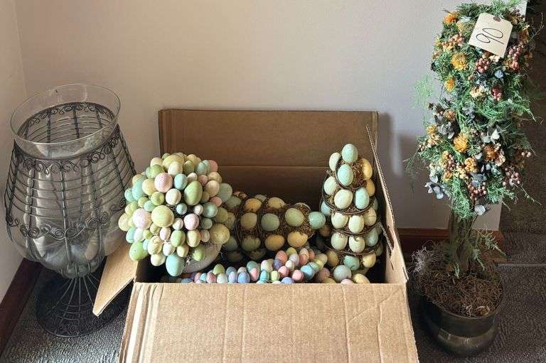 LARGE DECORATIVE VASE, BOX OF ARTIFICIAL DECORATIVE EGGS, TOPIARY image