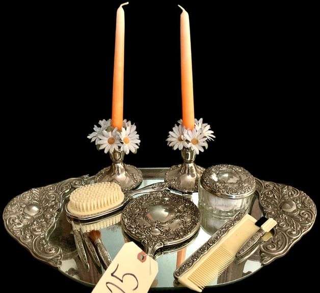 MIRRORED DRESSER TRAY W/ HAND MIRROR, BRUSH, PERFUME BOX, COMPACT, MASCARA BRUSHES image