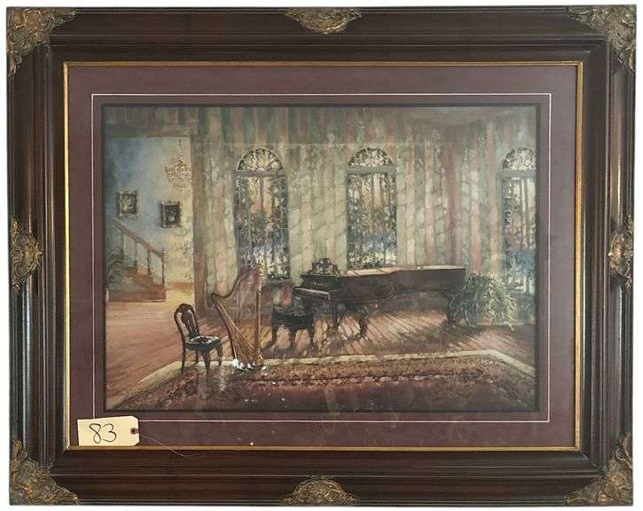 VICTORIAN STYLE PIANO AND HARP PRINT BY BY SUSAN MINK COLCLOUGH IN ORNATE FRAME - APPROX. 22” X 33” VIEWING AREA image