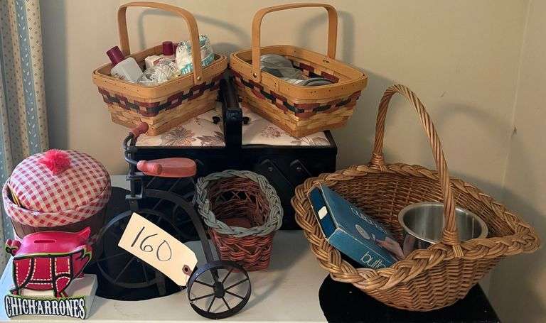 COLUMBIA FIREFLIES “CHICARRONES” PIGGY BANK, 2 WOVEN BASKETS, WOVEN SEWING BASKET W/ LID, DECORATIVE METALLIC BICYCLE W/ WOVEN BASKET ON BACK, WOODEN SEWING BOX image